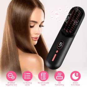 Cordless Negative Ion Hair Straightener Brush Rechargeable Mini Styling Comb With 12 Heating Levels Anti-scald 30S Preheating 30Mins Auto Sleep L (Option: Black)
