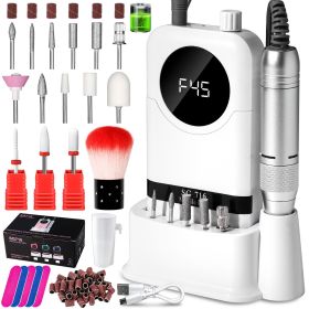 Professional Cordless 45000RPM Rechargeable Nail Drill Machine Desktop Polishing Machine Electric Nail File 1800mAh Battery Nail Tools (Color: White)