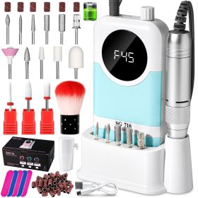 Professional Cordless 45000RPM Rechargeable Nail Drill Machine Desktop Polishing Machine Electric Nail File 1800mAh Battery Nail Tools (Color: Blue)