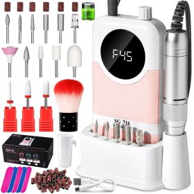 Professional Cordless 45000RPM Rechargeable Nail Drill Machine Desktop Polishing Machine Electric Nail File 1800mAh Battery Nail Tools (Color: Pink)